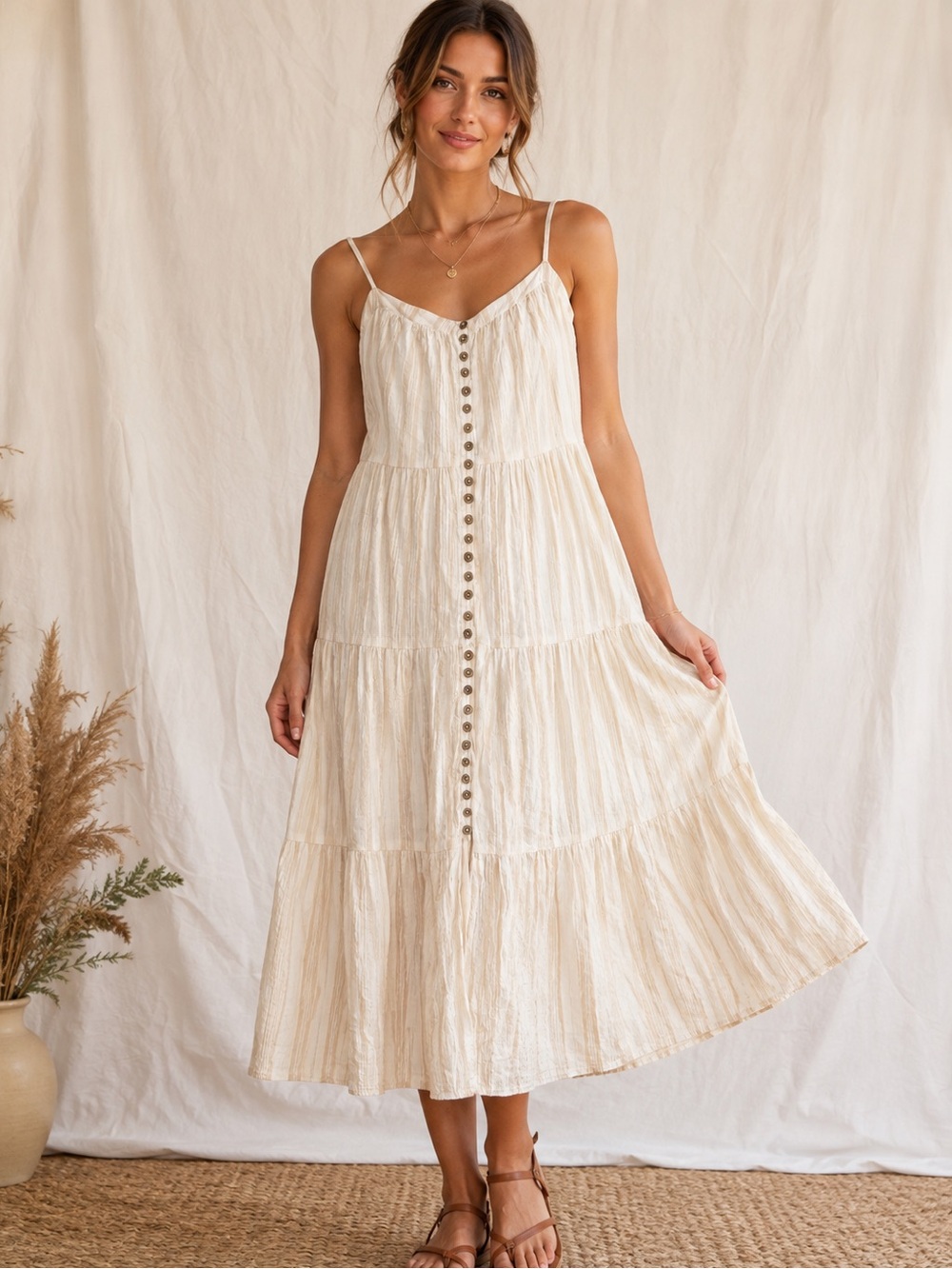 Rylee + Cru Stripe Tiered Maxi Dress in “sand stripe”
